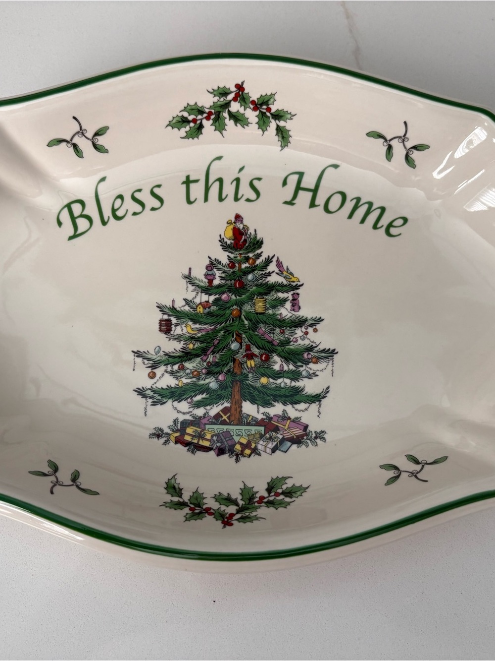 Spode White & Green 'Bless this Home' Christmas Tree Serving Bowl